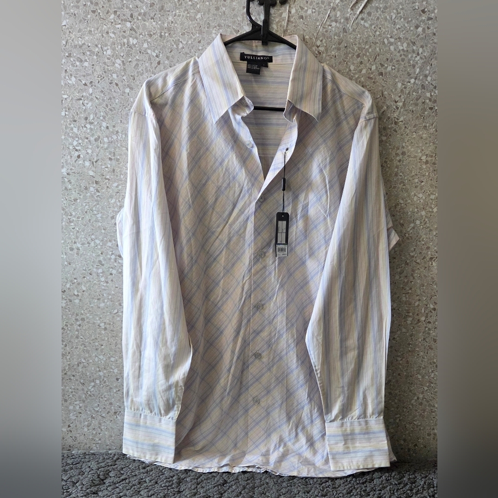 Tulliano Mens Button Front Dress Shirt‎ Size L Striped Plaid Long Sleeve Cotton